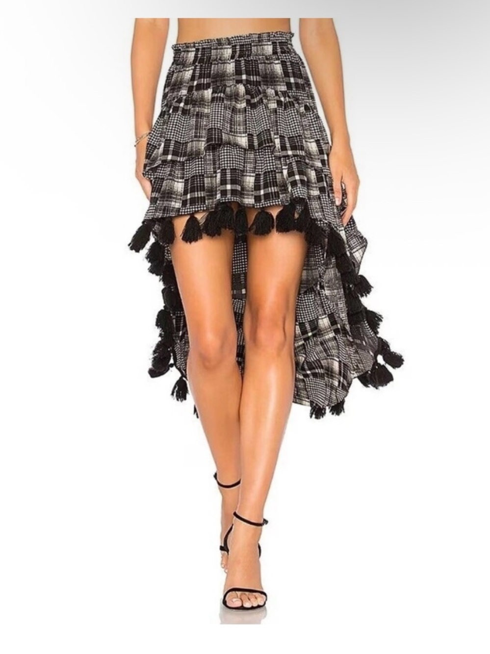 Misa Los Angeles Black & White Plaid High-Low Tassel Skirt